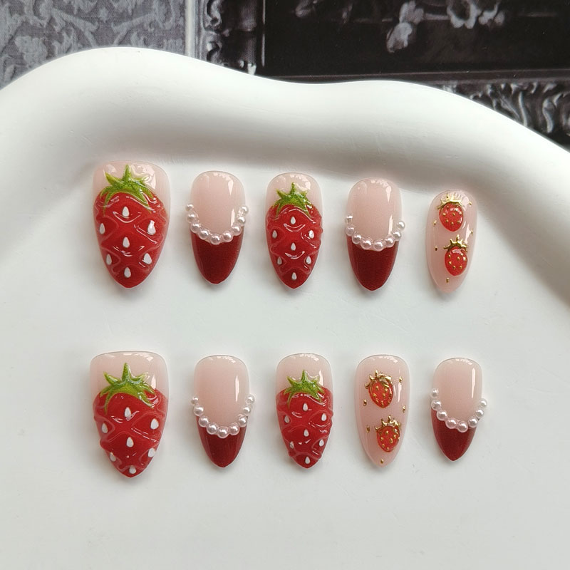 Nail Art Press On - 10Pcs Women French Style 3D Strawberry