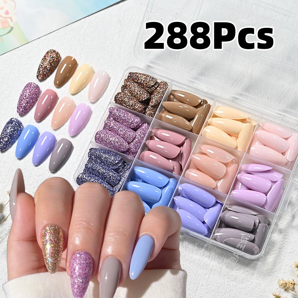 Nail Art Fake Nails - 288Pcs Glossy Macaron Medium Almond Fake