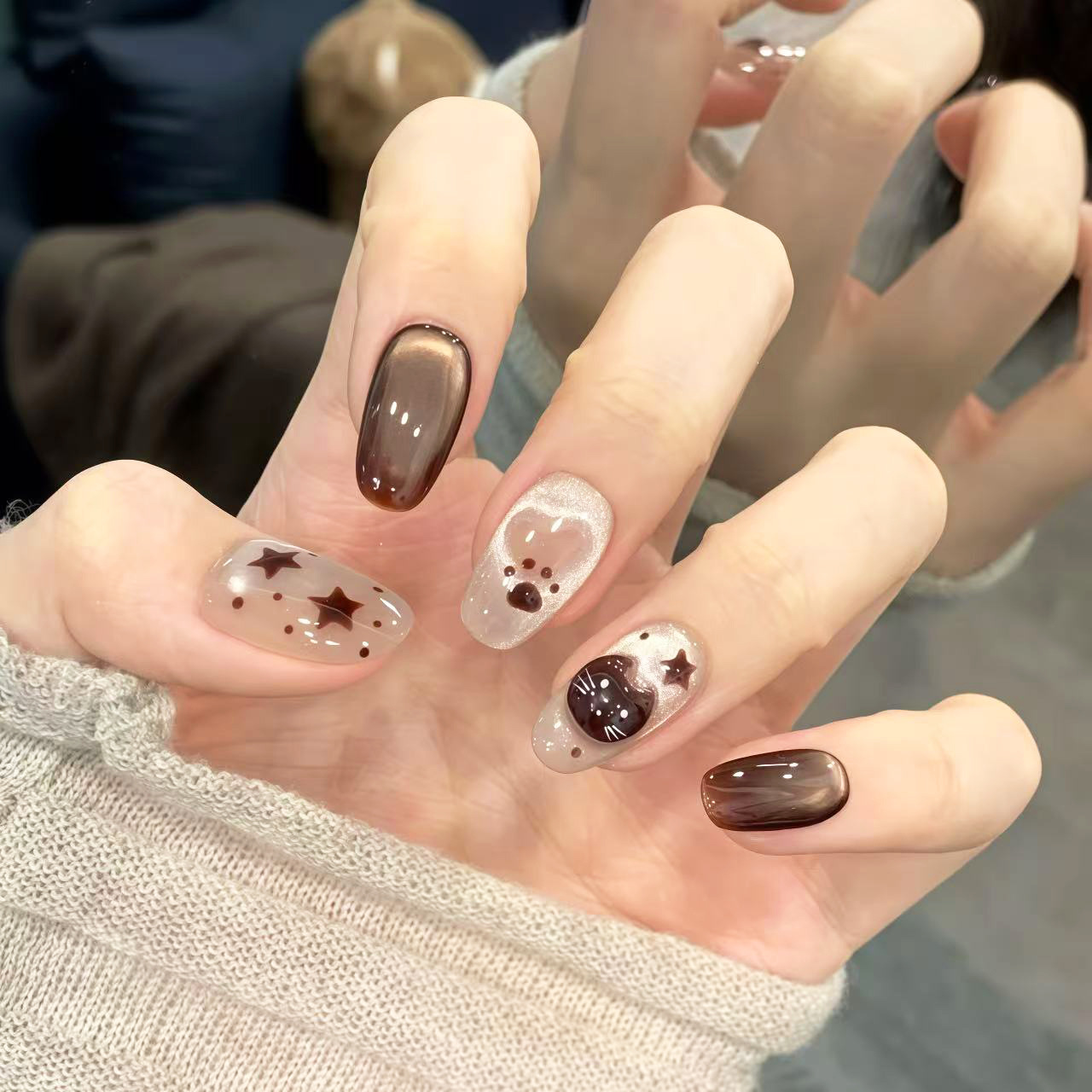 Nail Art Cat Eye - 24Pcs Autumn Style Mid-length Oval Cute
